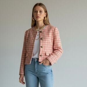NWT Zara Pink White Houndstooth Tweed Cropped Blazer Jacket Gold Buttons Small